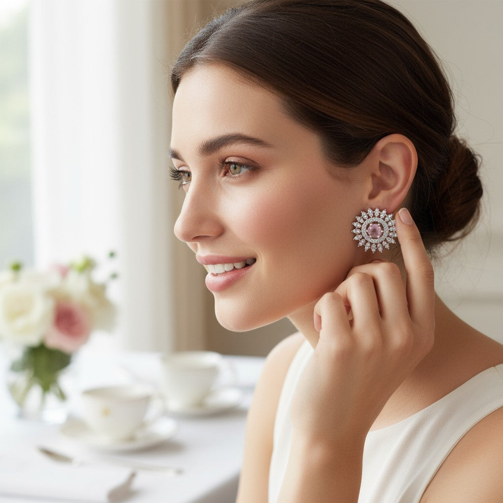 💗 Pink Stone Diamond Floral Earrings