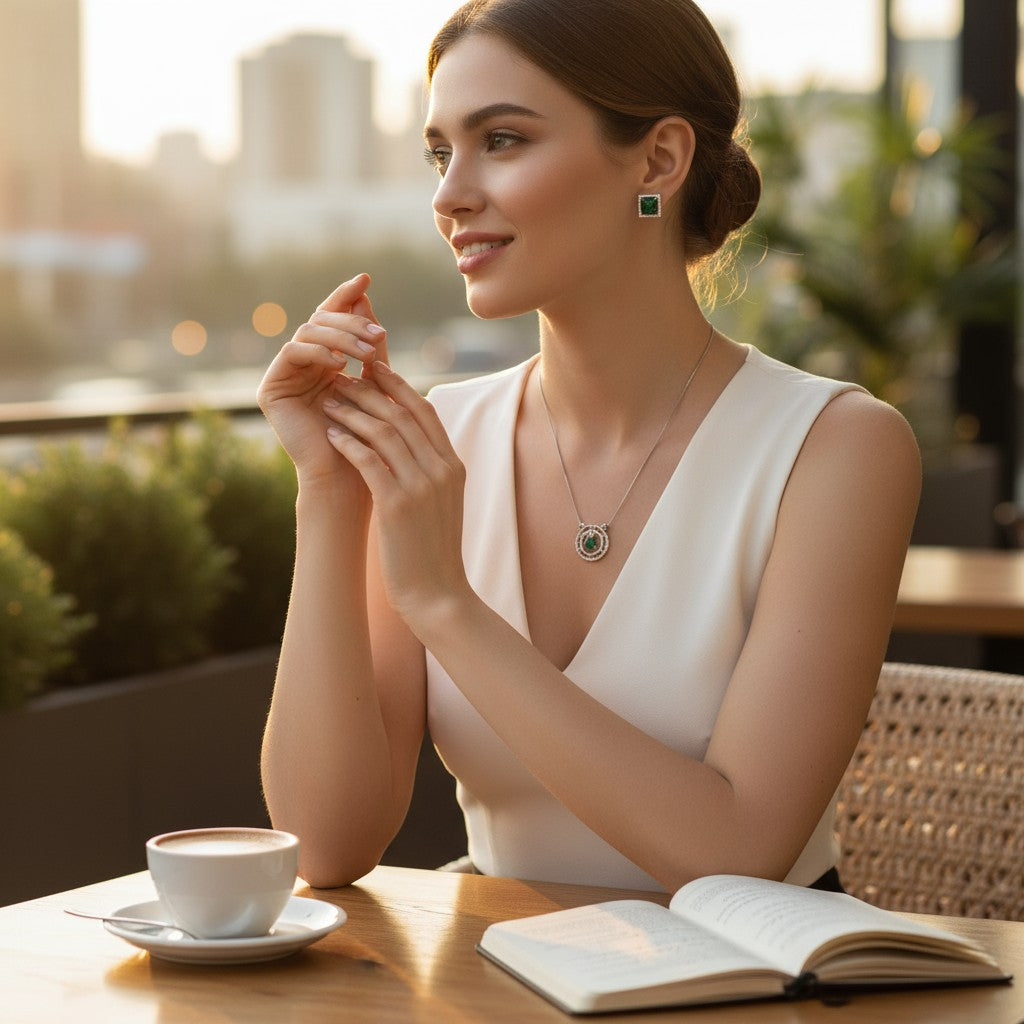 💚 Emerald Elegance Set 💚!! Elegant Silver Jewelry Set with Emerald Green Round Gemstone Pendant Necklace and Matching Earrings