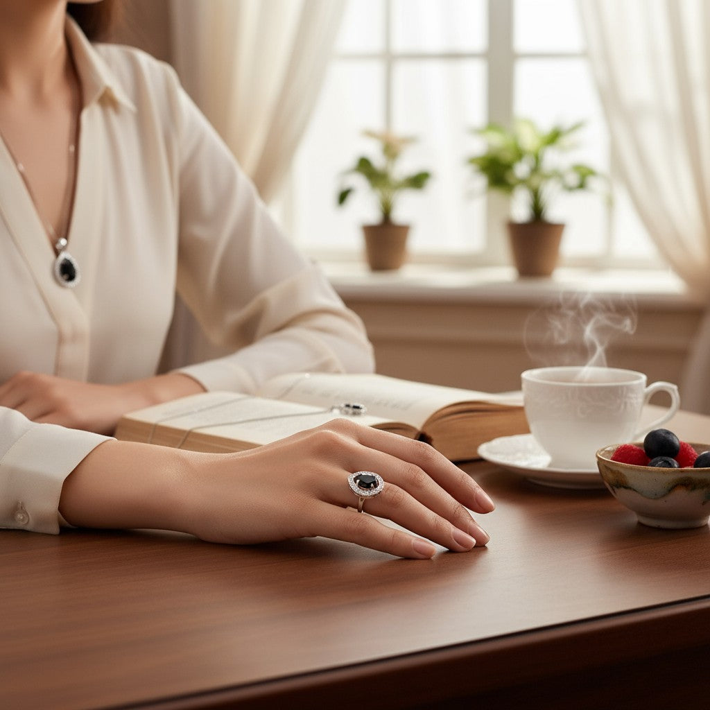 🖤 Classic Black Beauty 🖤!! Elegant Silver Jewelry Set with Black Gemstone Teardrop Pendant Necklace, Earrings, and Matching Ring