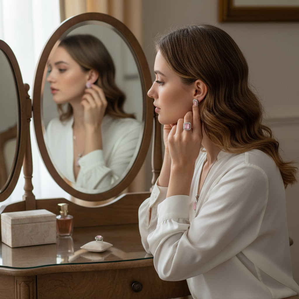💖 Elegant Pink Perfection 💖!! Elegant Silver Jewelry Set with Pink Gemstone Pendant Necklace, Earrings, and Matching Ring