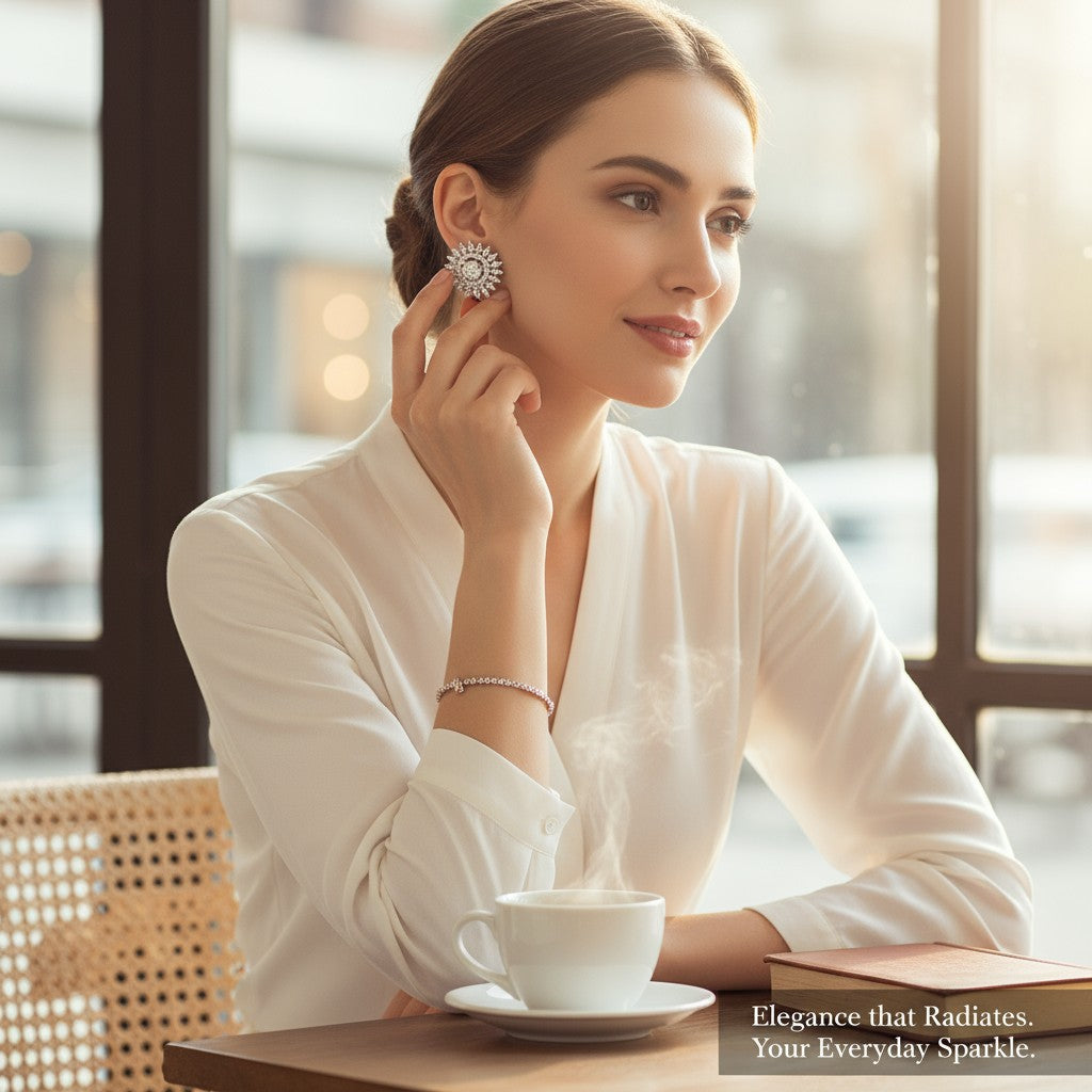🤍 White Stone Diamond Floral Earrings