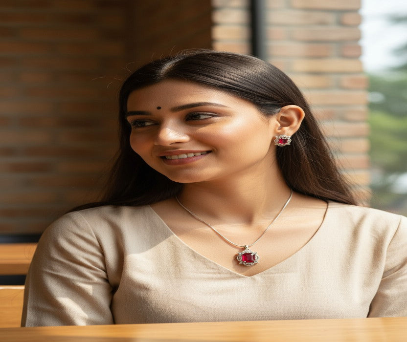 ❤️ Ruby Radiance ❤️!! Elegant Silver Jewelry Set with Ruby Gemstone Pendant Necklace and Matching Earrings