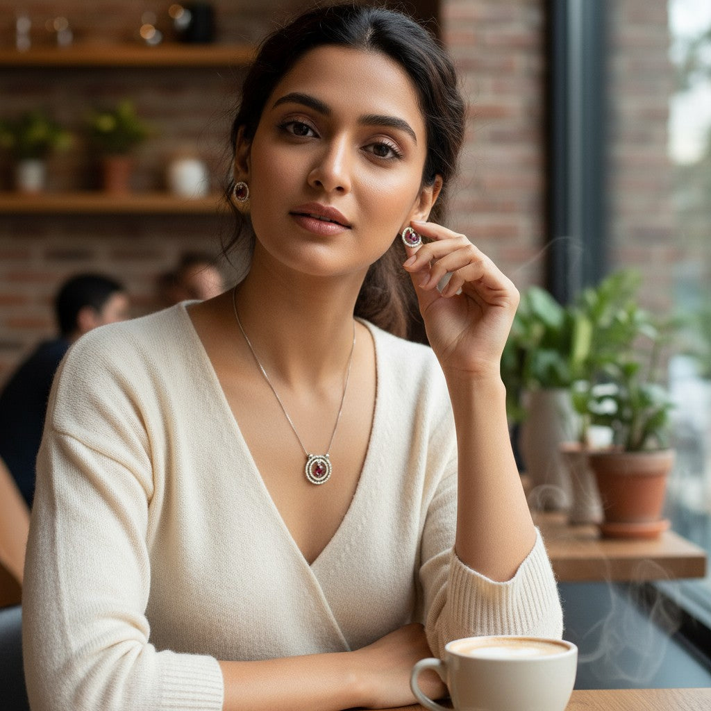 ❤️ Ruby Radiance Set ❤️!! Elegant Silver Jewelry Set with Ruby Red Round Gemstone Pendant Necklace and Matching Earrings