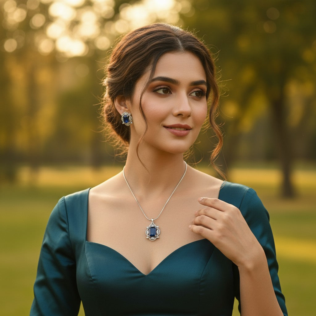 💙 Royal Blue Beauty 💙!! Elegant Silver Jewelry Set with Blue Gemstone Pendant Necklace and Matching Earrings