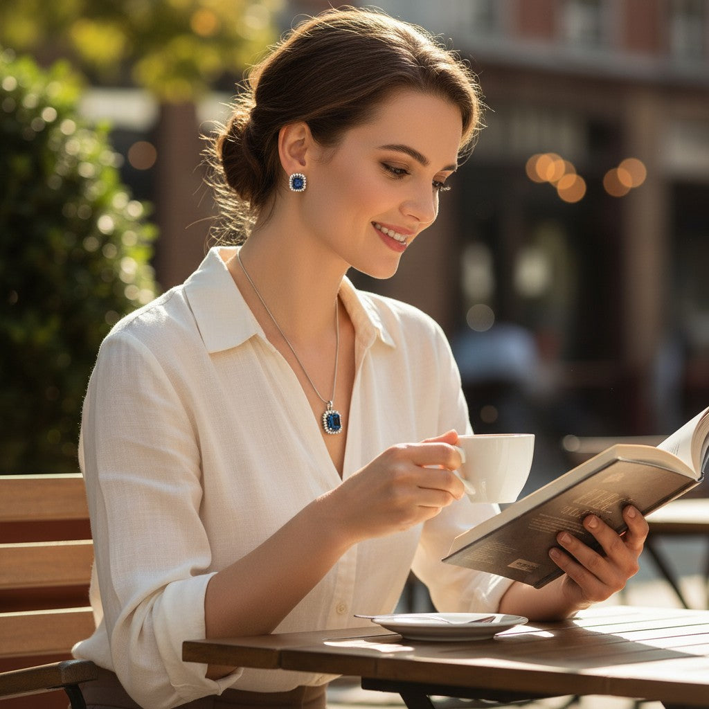 💙 Royal Blue Elegance 💙!!  Elegant Silver Jewelry Set with Blue Sapphire-Style Gemstone Pendant Necklace and Matching Earrings