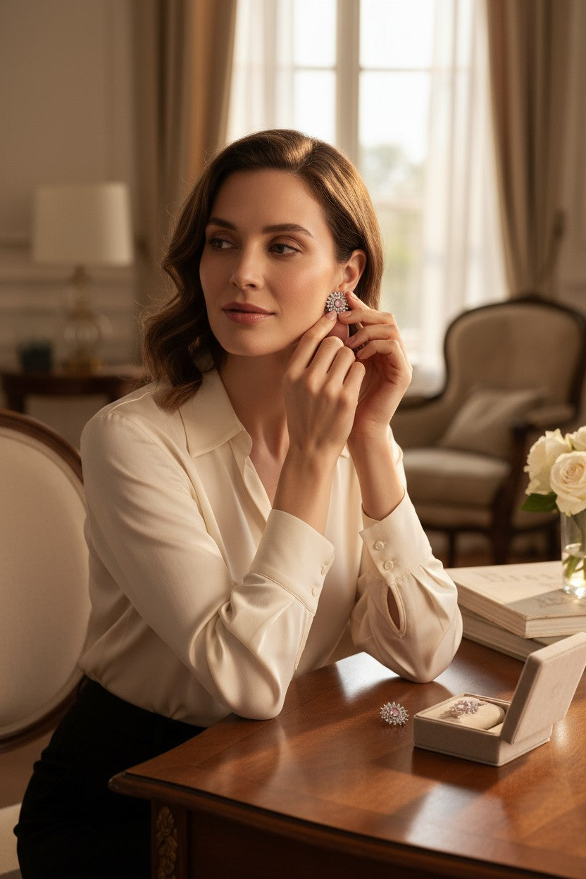 💗 Pink Stone Diamond Floral Earrings