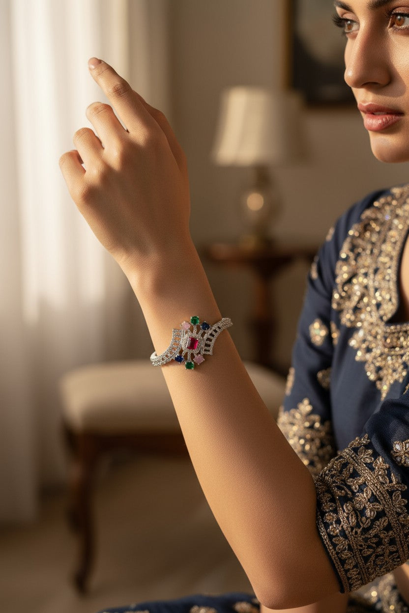 ✨ Vintage-Inspired Multi ❤️💚🤍💙 Stone Bracelet in Sterling Silver 💫