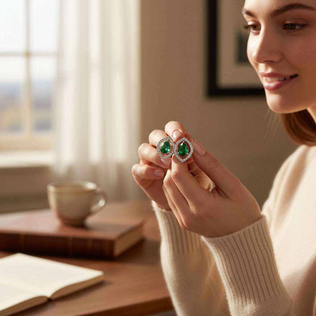💚 Green Stone Diamond Teardrop Earrings