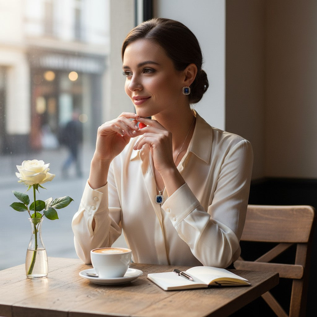 💙 Royal Blue Elegance 💙!!  Elegant Silver Jewelry Set with Blue Sapphire-Style Gemstone Pendant Necklace and Matching Earrings