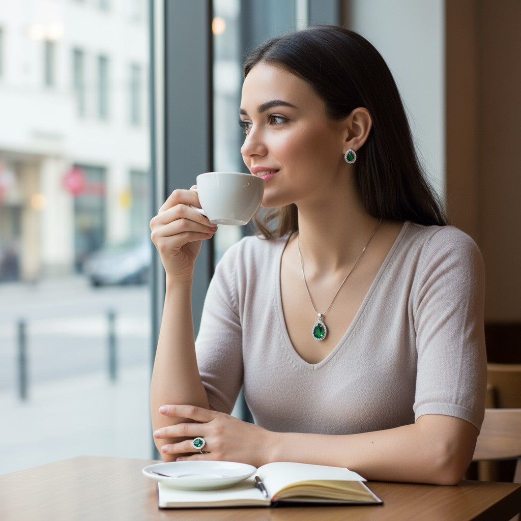 💚 Enchanting Emerald Glow 💚!! Elegant Silver Jewelry Set with Emerald Green Gemstone Teardrop Pendant Necklace, Earrings, and Matching Ring