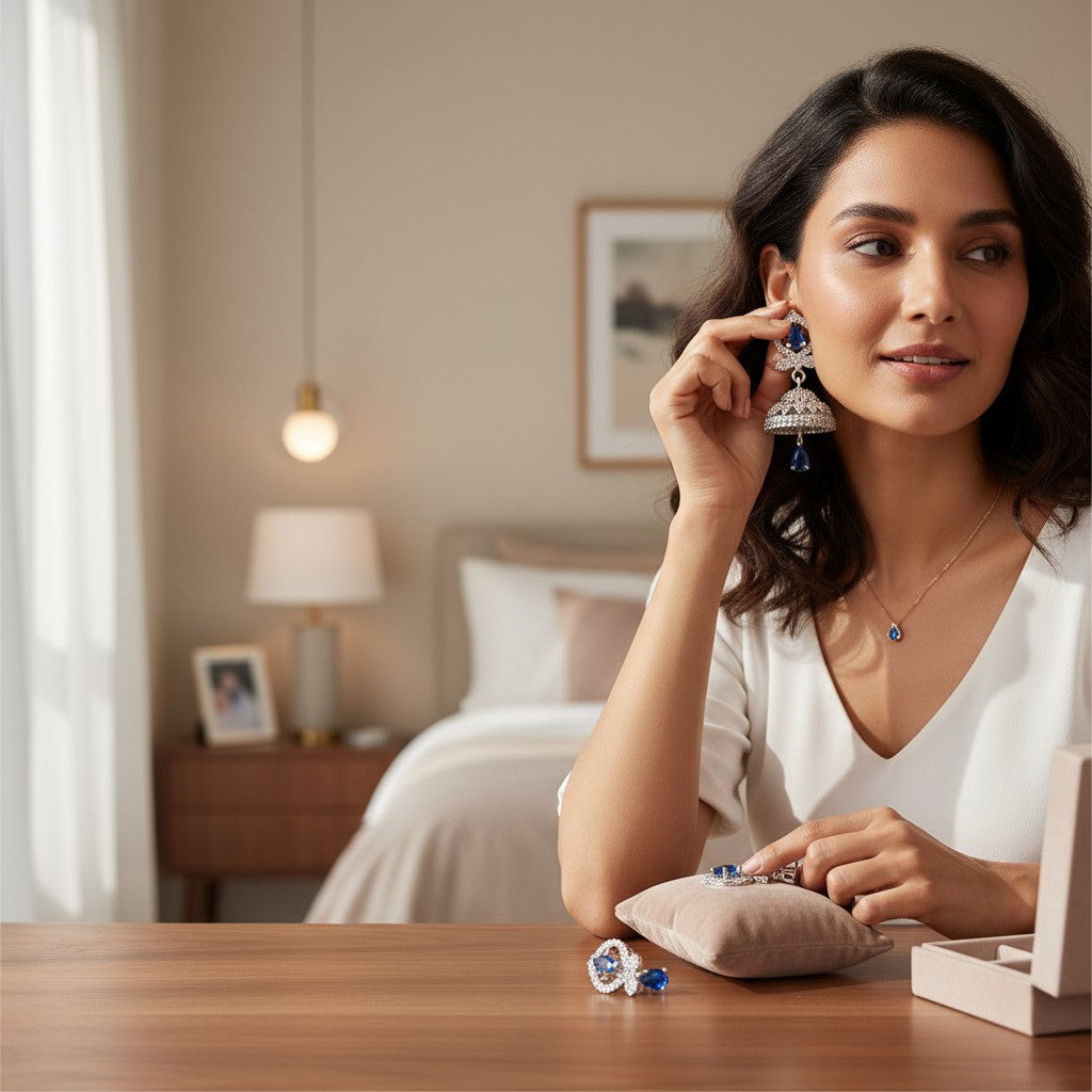 💙 Sparkling Blue Stone Jhumka Earrings 💙