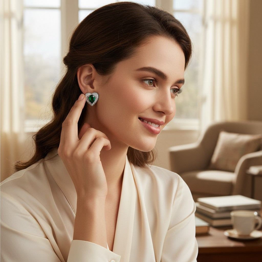 💚 Green Stone Heart Diamond Earrings