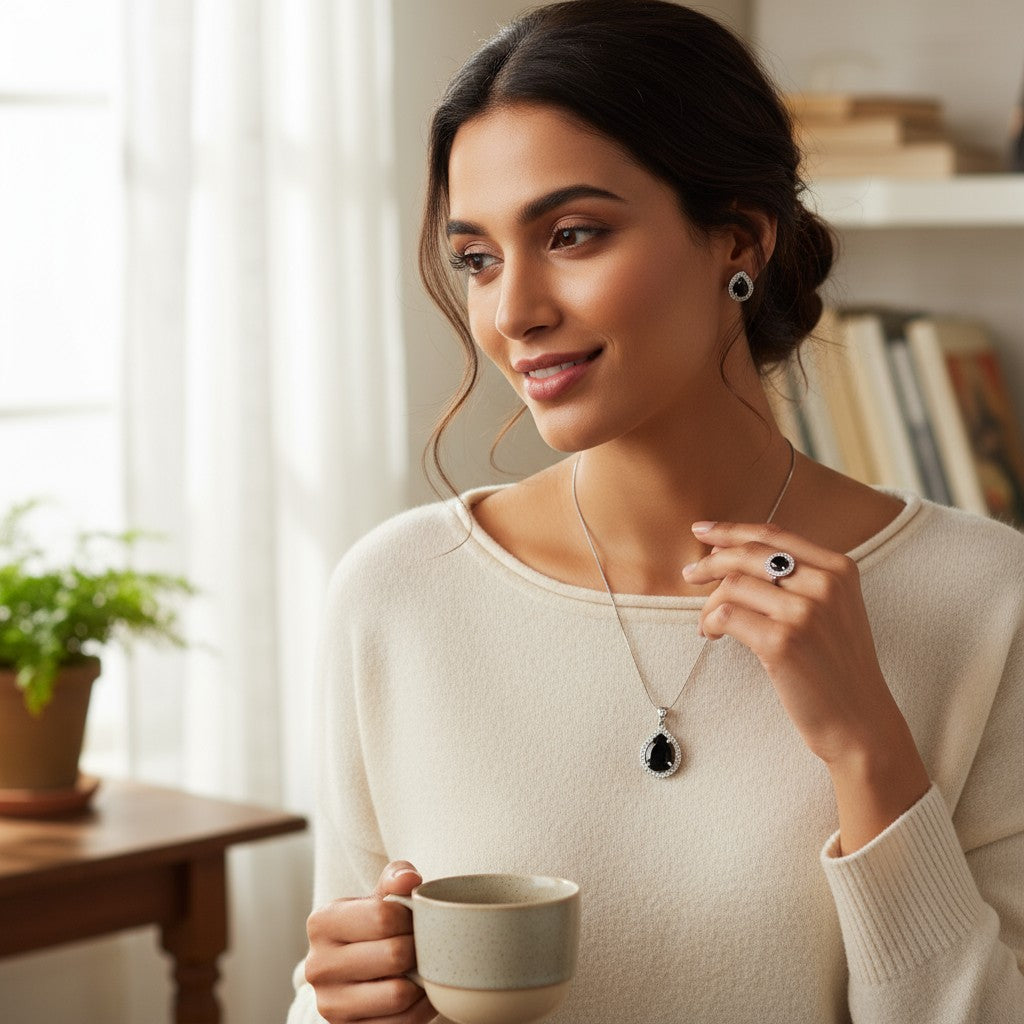 🖤 Classic Black Beauty 🖤!! Elegant Silver Jewelry Set with Black Gemstone Teardrop Pendant Necklace, Earrings, and Matching Ring