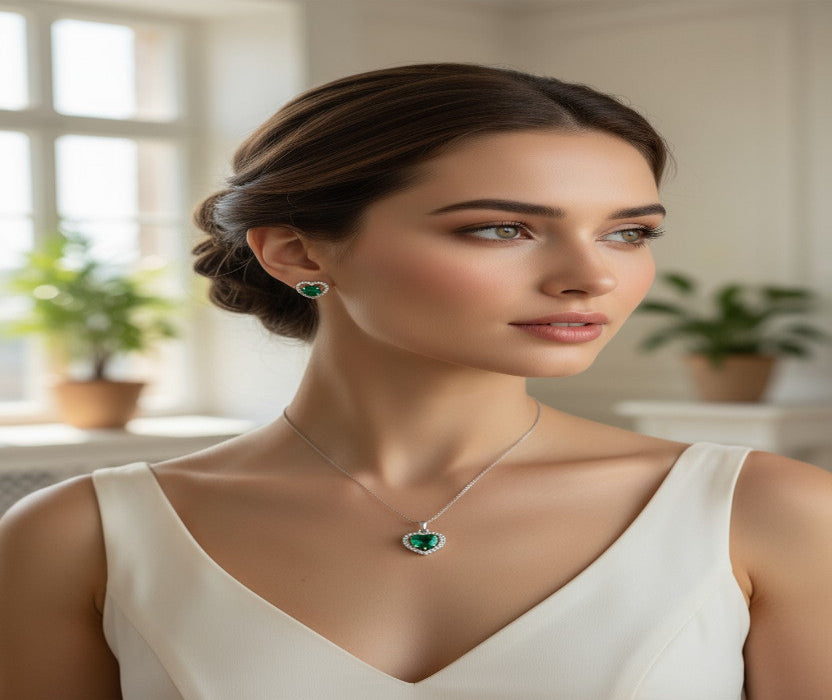 Emerald Heart Spark Silver Pendant Set 💚