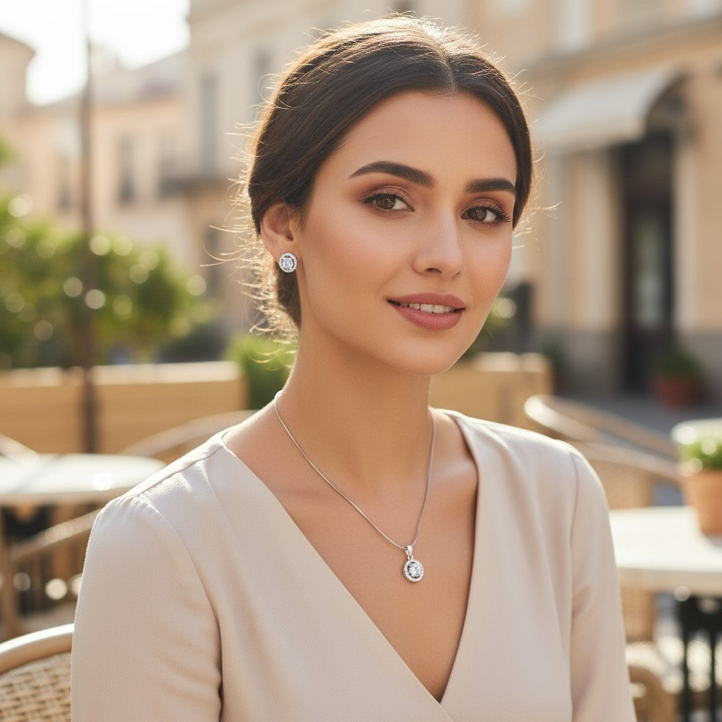 Sparkling White Diamond Silver Pendant Set 💎