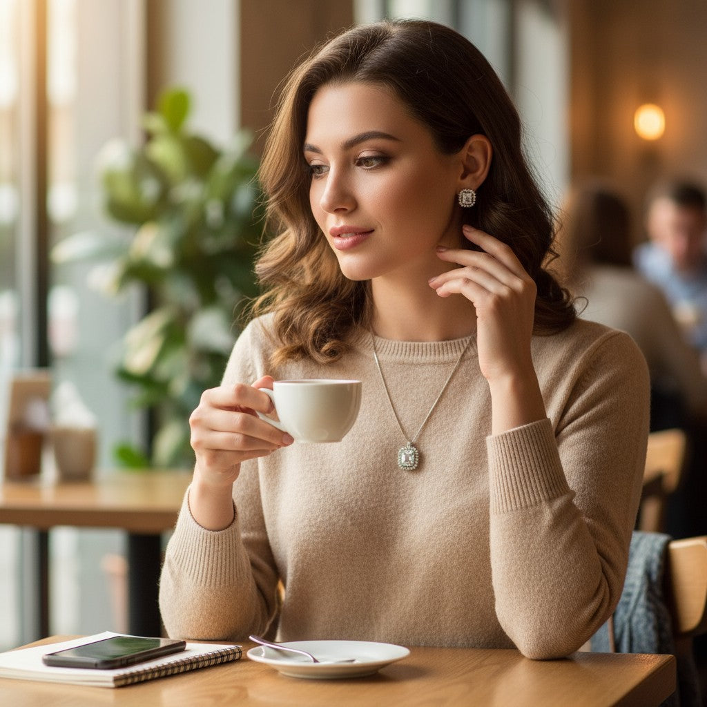 ✨ Timeless White Elegance ✨!!  Elegant Silver Jewelry Set with White Gemstone Pendant Necklace and Matching Earrings