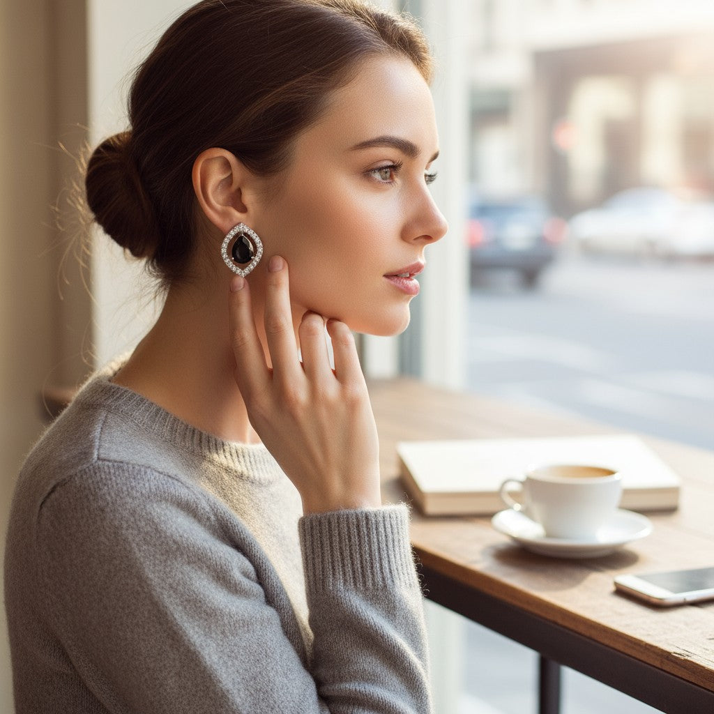 🖤 Black Stone Diamond Teardrop Earrings