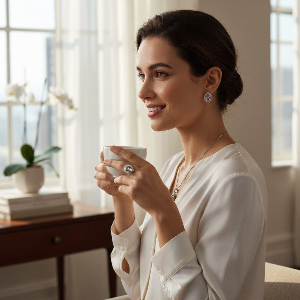 ✨ Sparkling White Elegance ✨!! Elegant Silver Jewelry Set with White Gemstone Teardrop Pendant Necklace, Earrings, and Matching Ring