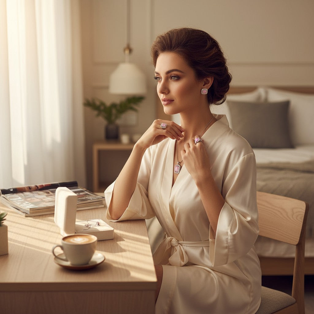 💖 Elegant Pink Perfection 💖!! Elegant Silver Jewelry Set with Pink Gemstone Pendant Necklace, Earrings, and Matching Ring