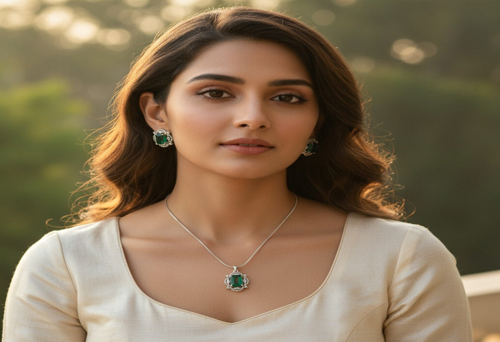 💚 Elegant Silver Jewelry Set with Green Gemstone Pendant Necklace and Matching Earrings 💚