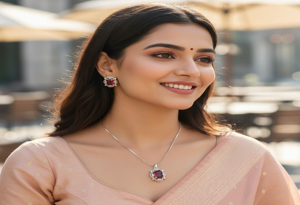 ❤️ Ruby Radiance ❤️!! Elegant Silver Jewelry Set with Ruby Gemstone Pendant Necklace and Matching Earrings