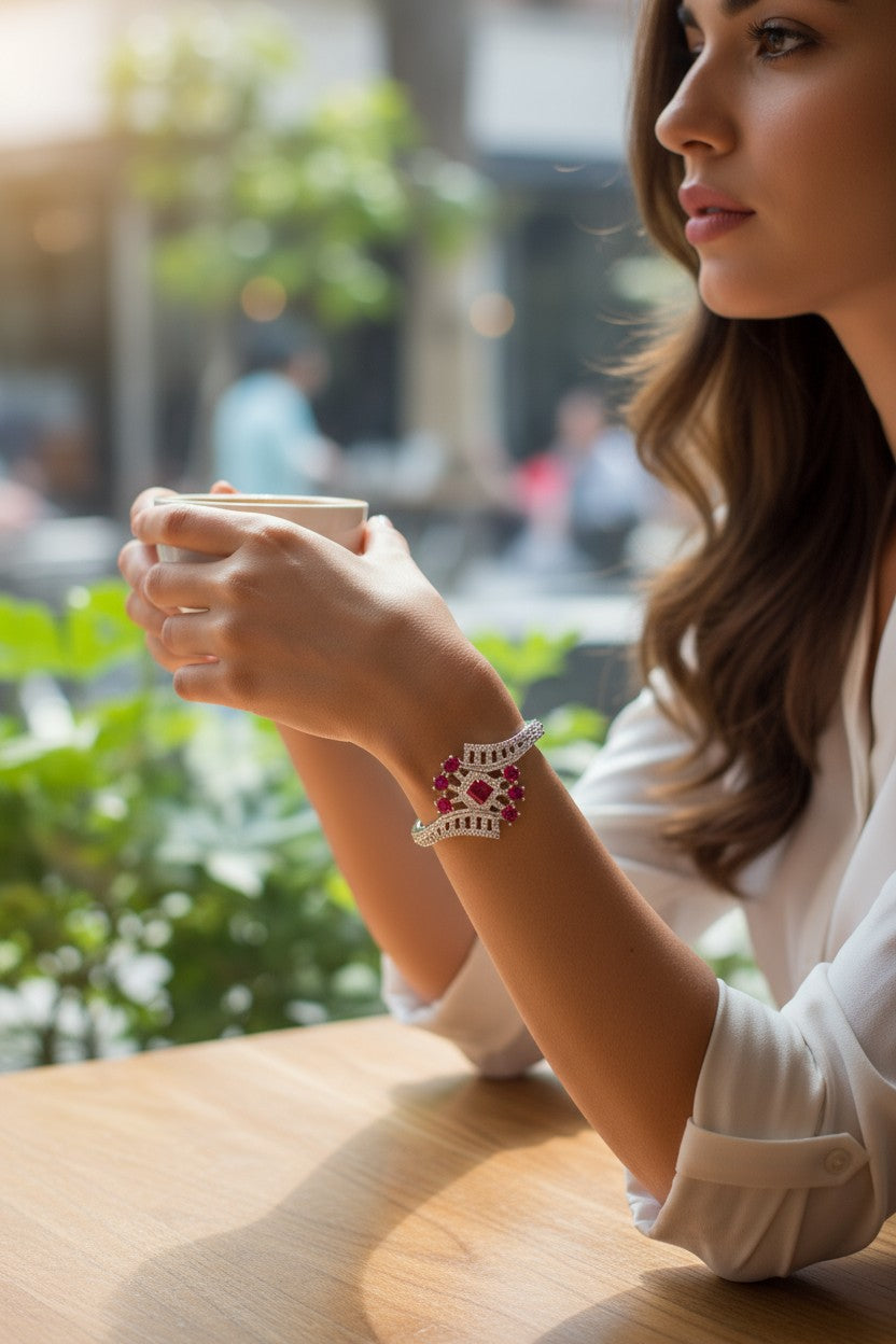 ✨ Vintage-Inspired Ruby Red ❤️ Stone Bracelet in Sterling Silver 💫