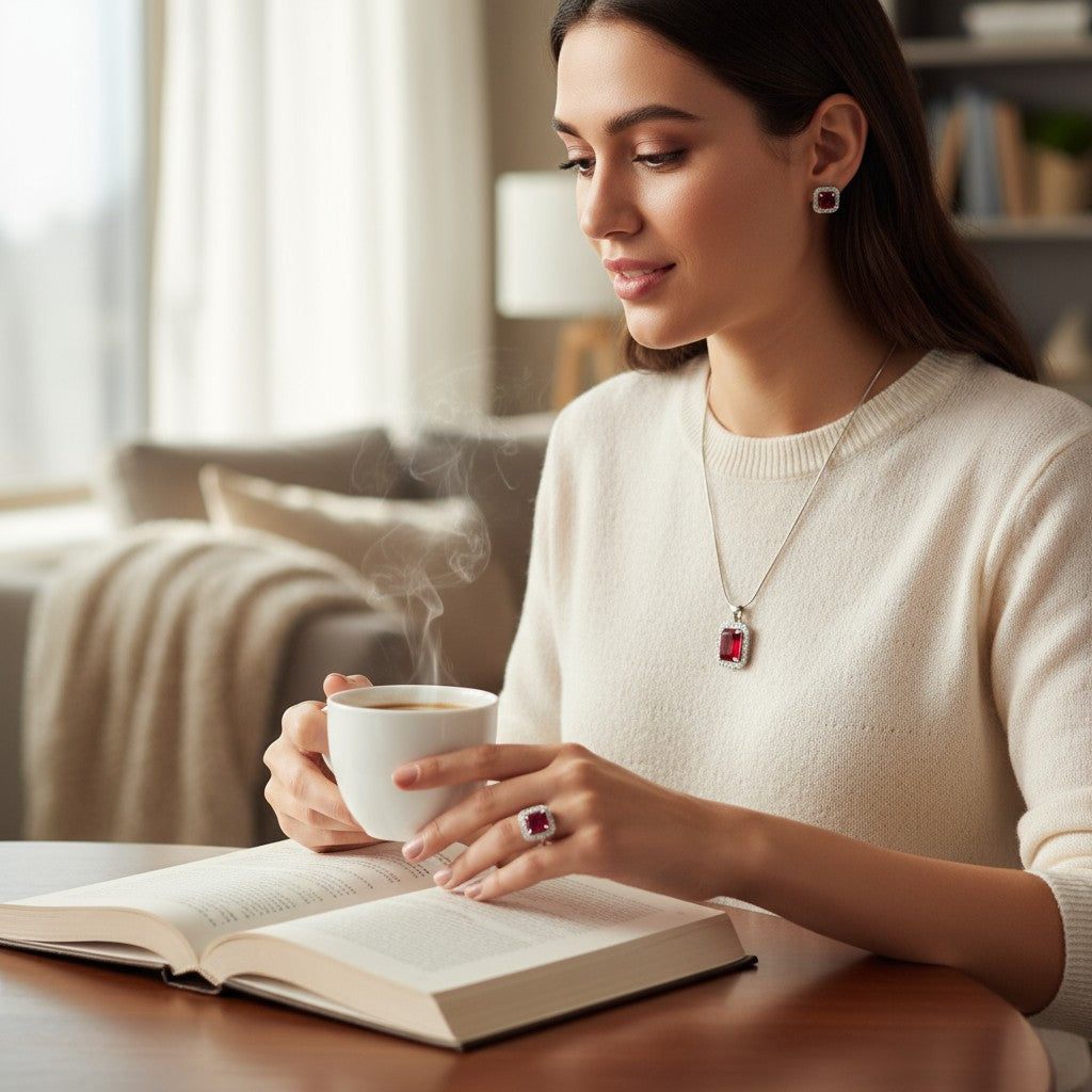 ❤️ Radiant Ruby Charm ❤️!! Elegant Silver Jewelry Set with Ruby Red Gemstone Pendant Necklace, Earrings, and Matching Ring
