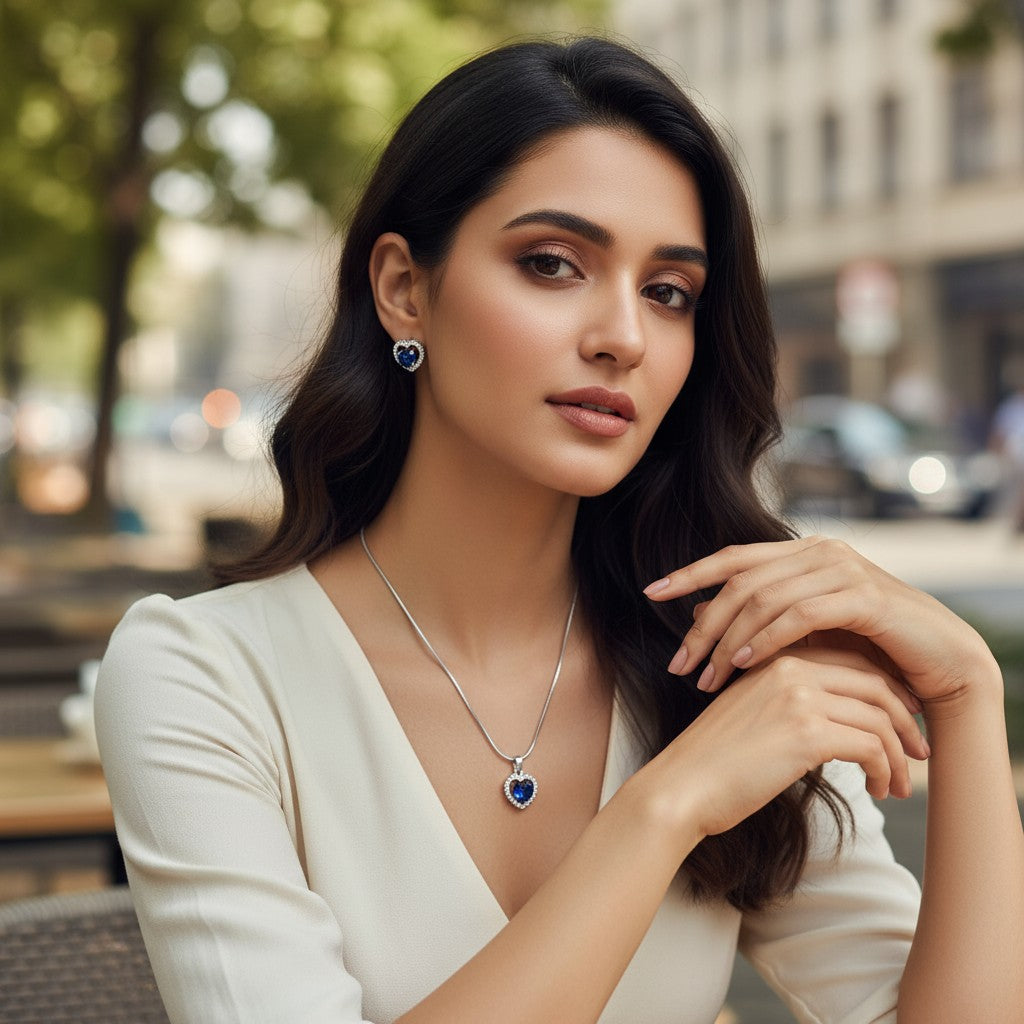Sapphire Heart Shine Silver Pendant Set 💙