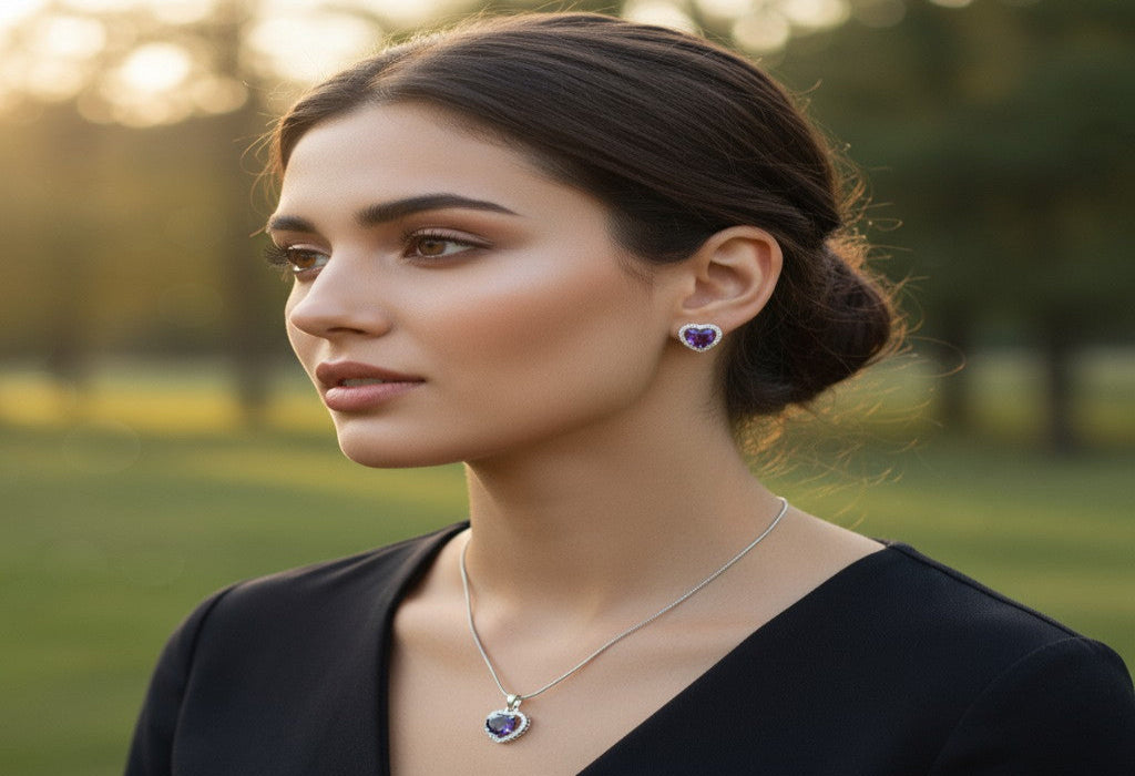 Amethyst Heart Spark Silver Pendant Set 💜