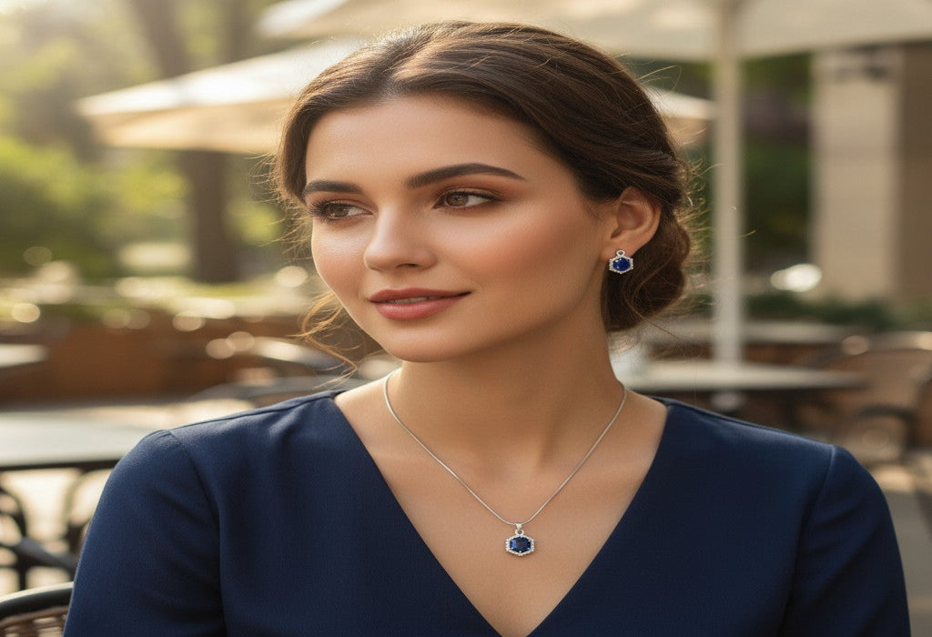 💙 Sapphire Sparkle Set 💙!! Elegant Silver Jewelry Set with Sapphire Blue Hexagon Gemstone Pendant Necklace and Matching Earrings