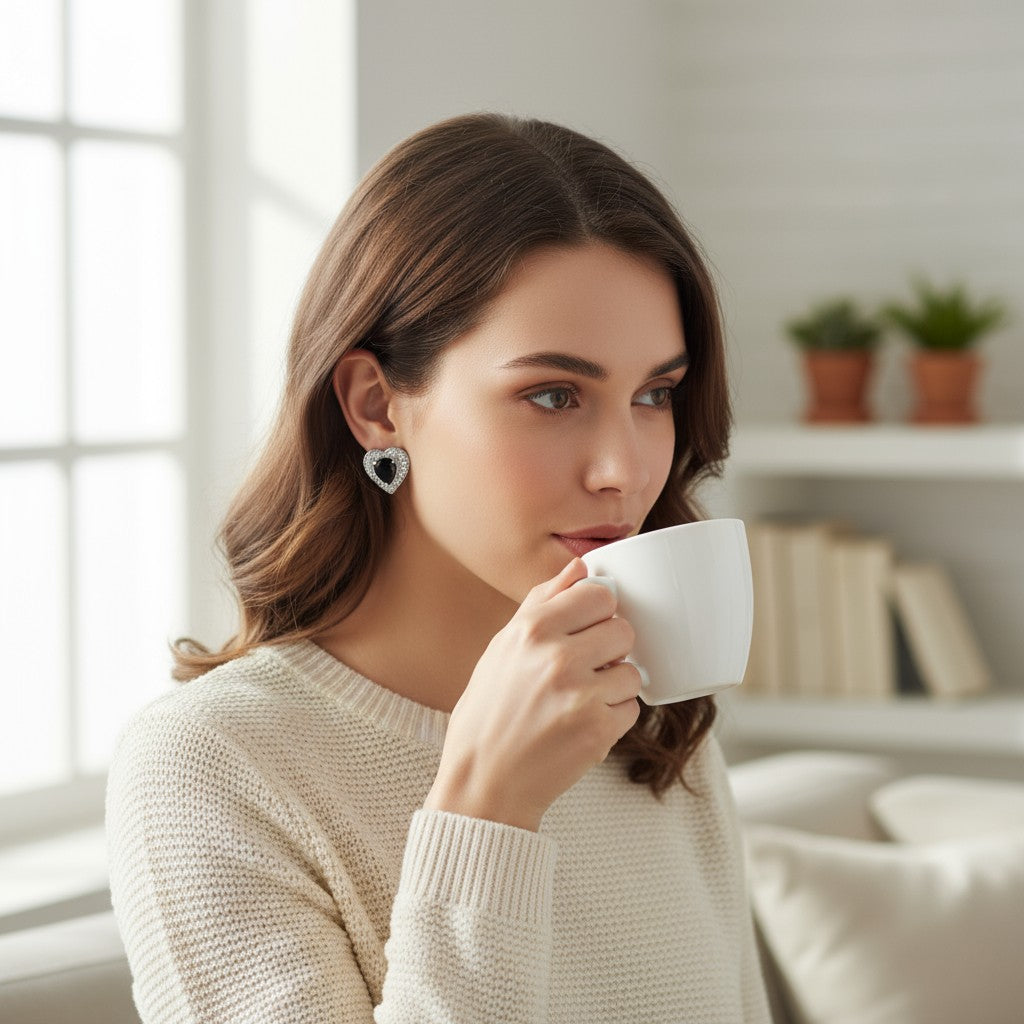 🖤 Black Stone Heart Diamond Earrings