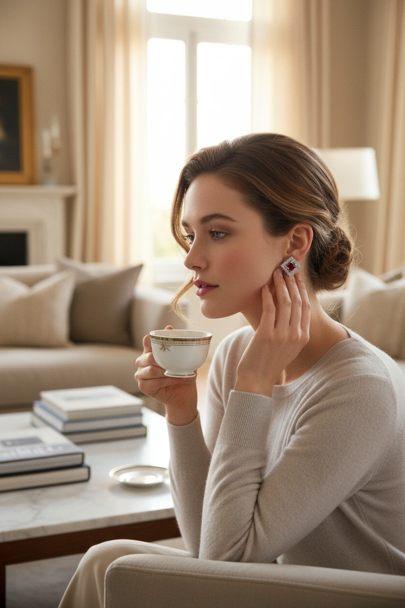 ❤️ Red Stone Diamond Stud Earrings