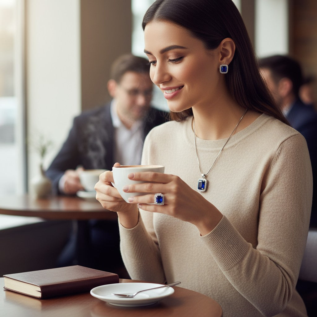 💙 Classic Blue Radiance 💙!! Elegant Silver Jewelry Set with Blue Gemstone Pendant Necklace, Earrings, and Matching Ring