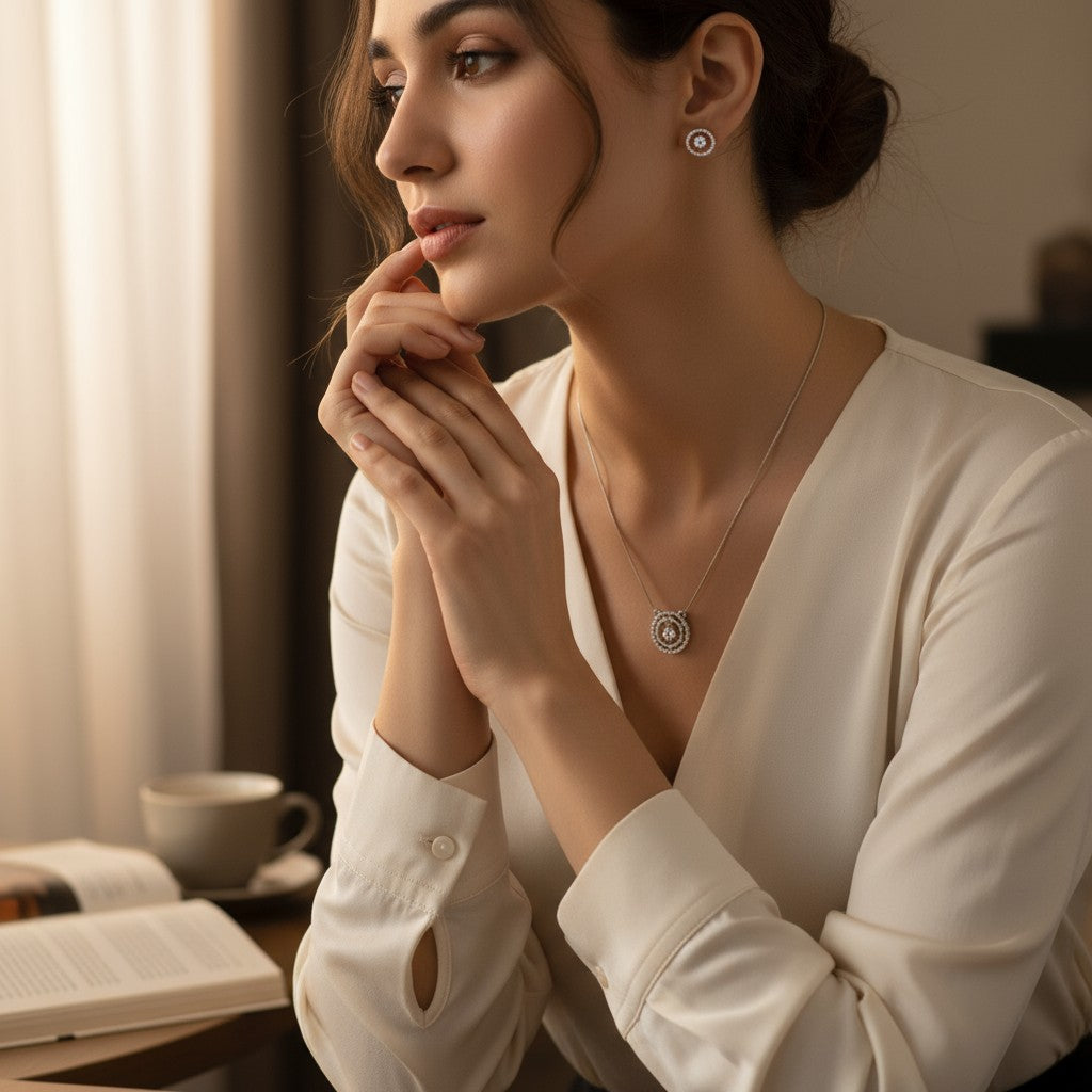 🤍 Crystal Elegance Set 🤍!! Elegant Silver Jewelry Set with White Crystal Round Gemstone Pendant Necklace and Matching Earrings