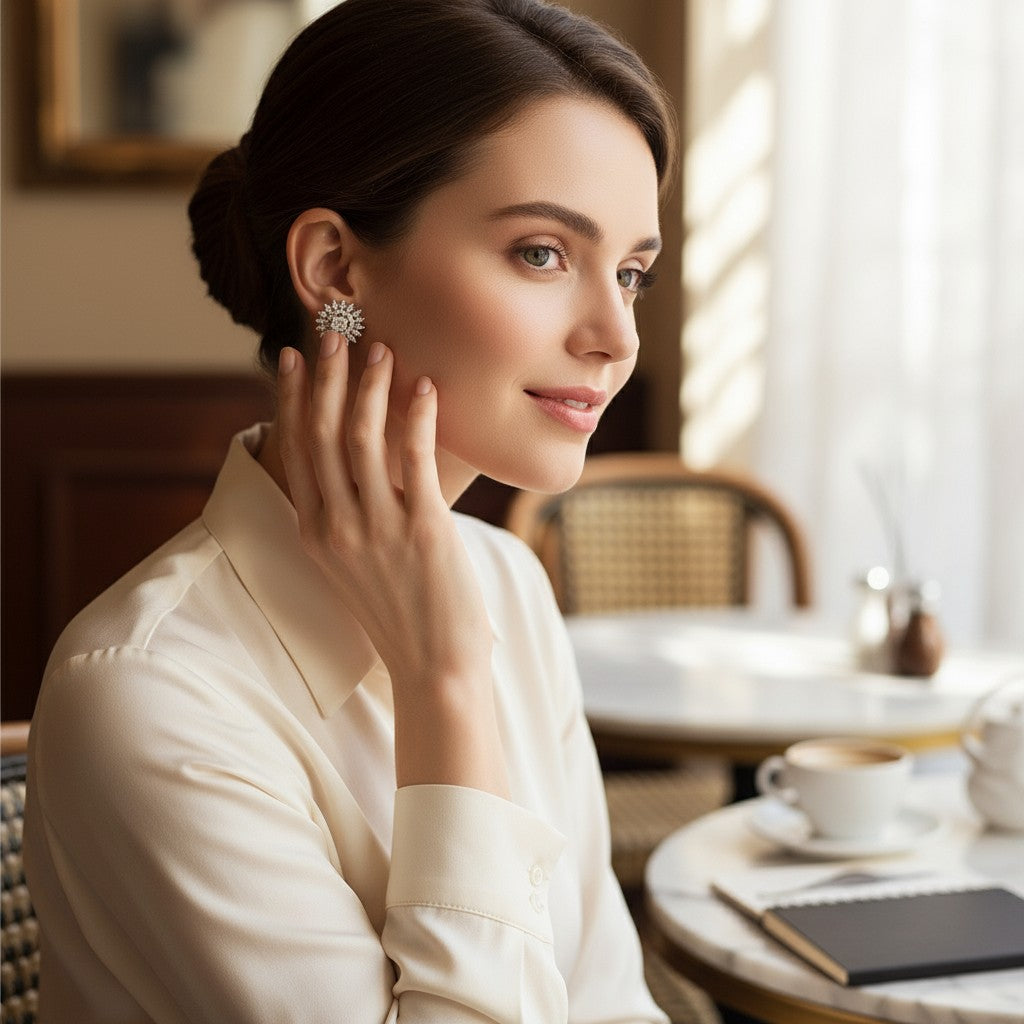 🤍 White Stone Diamond Floral Earrings