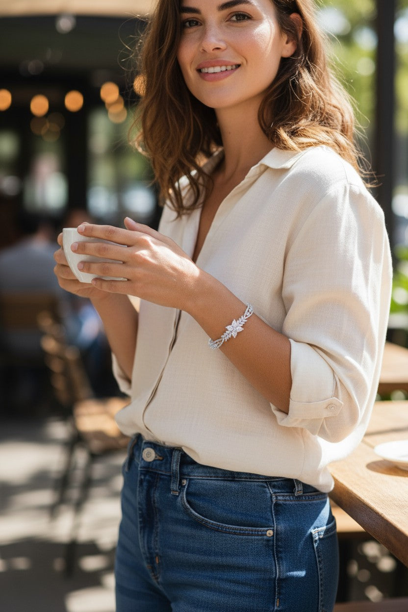 ✨ 🤍 Elegant Marquise-Cut Diamond 💎 Leaf Bracelet in Sterling Silver 💫
