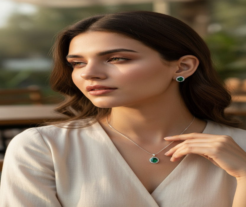 Emerald Glow Silver Pendant Set 💚