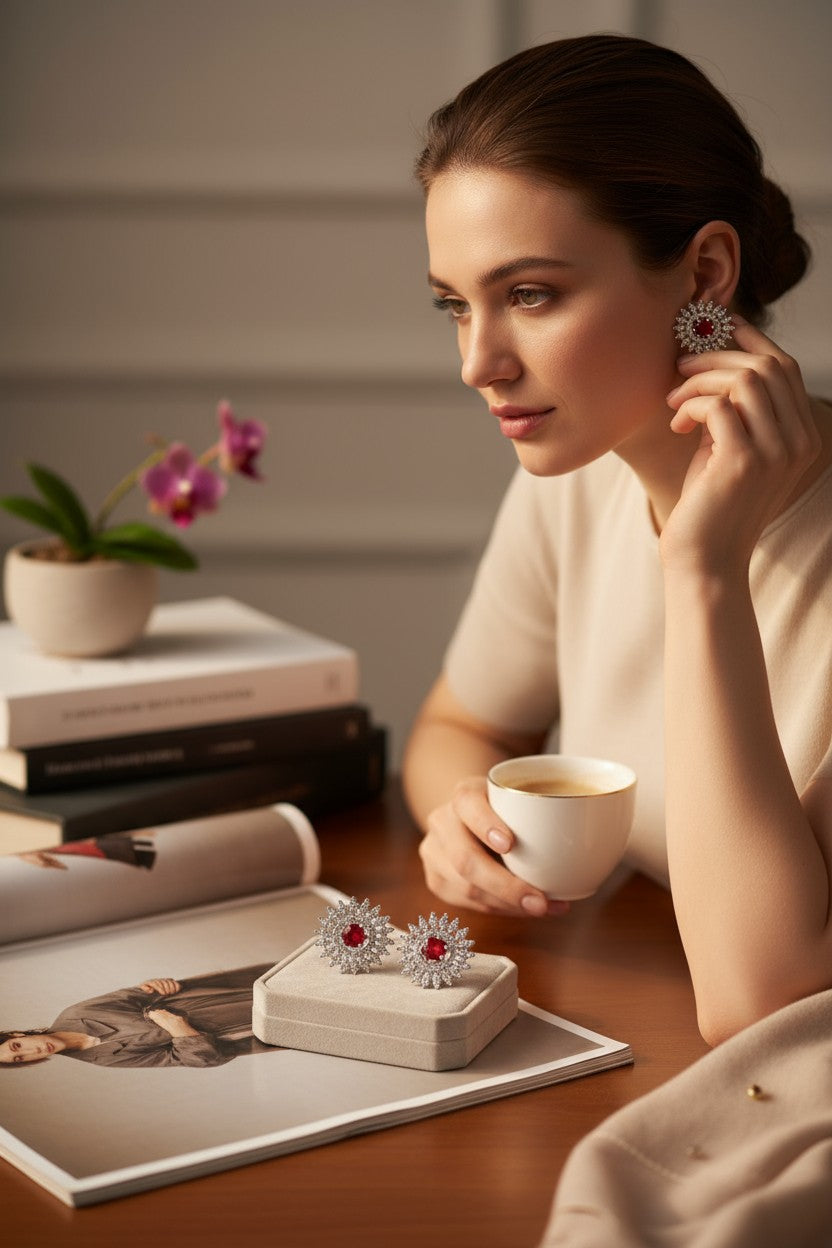 ❤️ Red Stone Diamond Floral Earrings