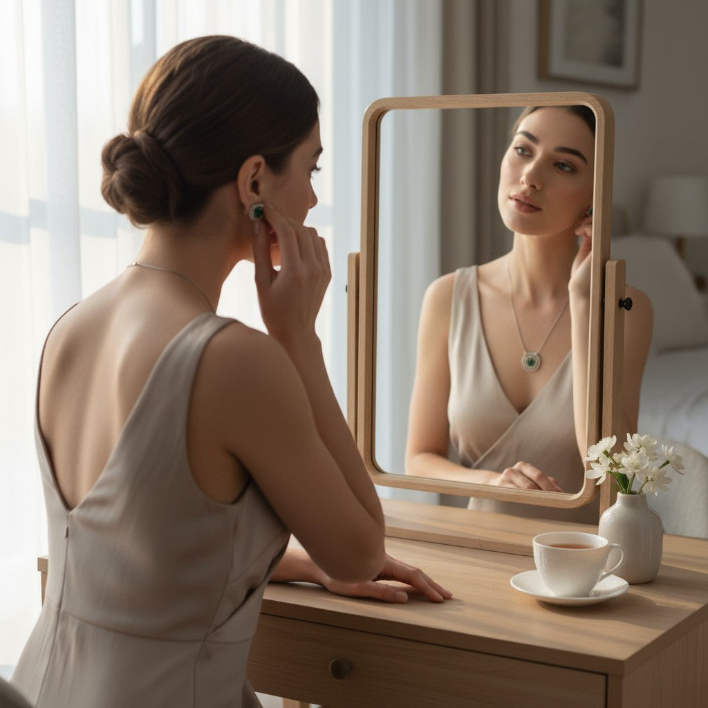 💚 Emerald Elegance Set 💚!! Elegant Silver Jewelry Set with Emerald Green Round Gemstone Pendant Necklace and Matching Earrings