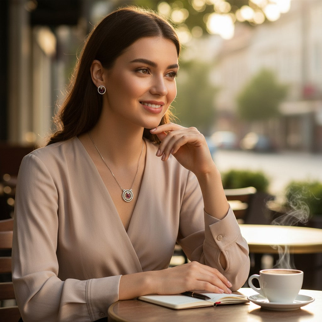 ❤️ Ruby Radiance Set ❤️!! Elegant Silver Jewelry Set with Ruby Red Round Gemstone Pendant Necklace and Matching Earrings