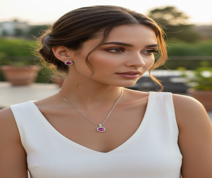 ❤️ Ruby Royal Set ❤️!! Elegant Silver Jewelry Set with Ruby Red Hexagon Gemstone Pendant Necklace and Matching Earrings