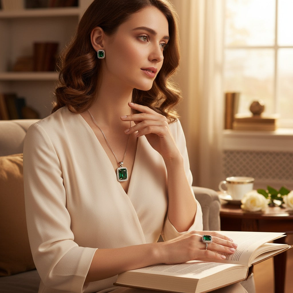 💚 Timeless Emerald Elegance 💚!! Elegant Silver Jewelry Set with Green Gemstone Pendant Necklace, Earrings, and Matching Ring