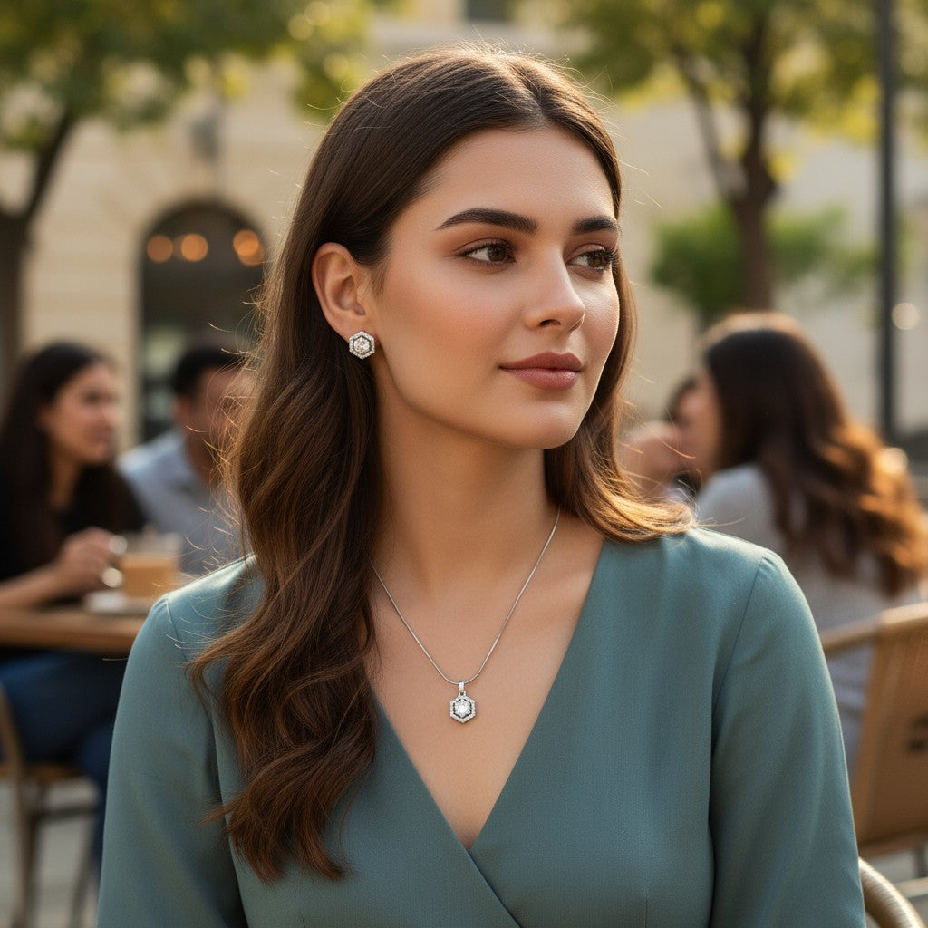 🤍 Crystal Charm Set 🤍!! Elegant Silver Jewelry Set with White Crystal Hexagon Gemstone Pendant Necklace and Matching Earrings
